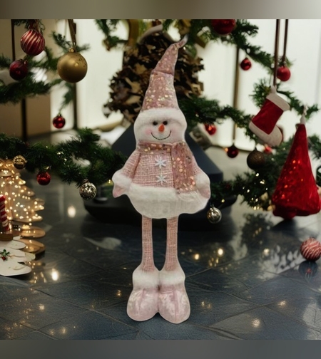 Figurina Decorativa, Pentru Craciun, Flippy, Om de Zapada, Picioare Telescopice, Inaltime Reglabila 44-54cm, Caciula cu Paiete, Roz