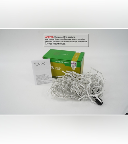 Sectiune Instalatie de Craciun Flippy Tip Perdea, 8 jocuri de lumini, 2m x1 m, 120 LED-uri, Interconectabila, Fir Transparent, Alb Cald