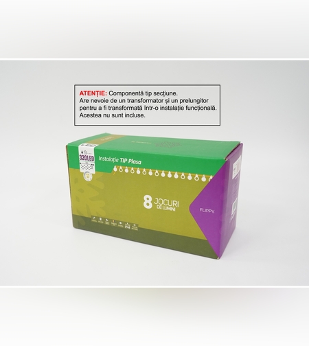 Sectiune Instalatie de Craciun Flippy, Tip Plasa, 320 LED-uri, 3 m x 3 m, 8 jocuri de lumini, Interconectabila, Fir transparent, Alb cald