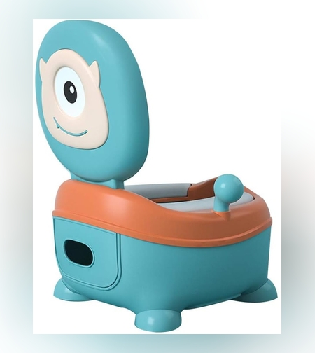 Olita pentru Copii, Flippy, +6 luni, Compartiment Detasabil, cu Capac, Antiderapanta, din Plastic, Colac Moale, Model Animat Ciclop, cu Maner, 33 x 21 x 45 cm, Albastru/Portocaliu