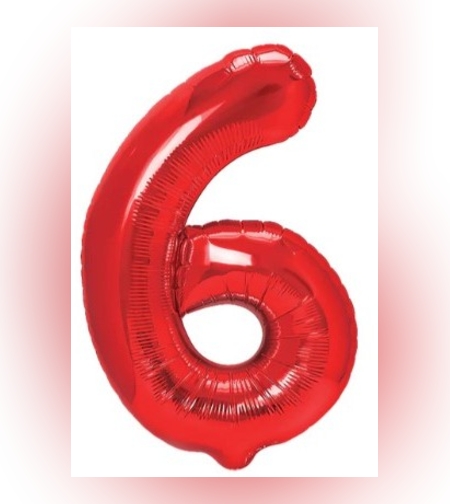 Balon din Folie Metalizata Flippy, Figurina Cifra, Tema Aniversare 40 cm, Ambalaj Individual, Pai inclus, Umflare cu Aer sau Heliu, Rosu, Cifra 6