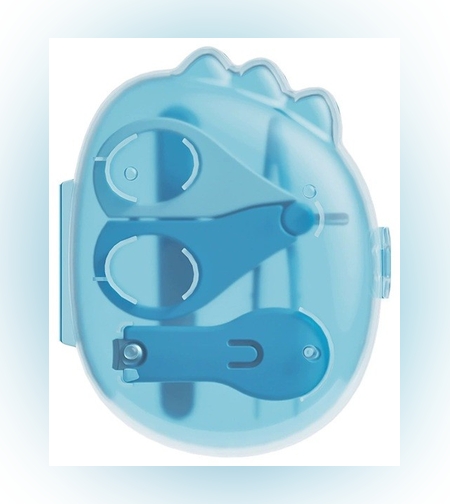 Set 4in1 de Ingrijire Unghii pentru Bebelusi, Flippy, Cutie de Depozitare Dinozaur Transparent, 0-6 Ani, 11.5 x 9 x 3 cm, Albastru