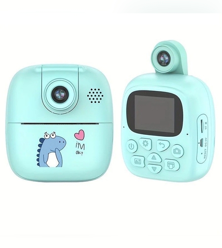 Set Camera Instantanee pentru Copii, Flippy, Camera 180° Selfie, Ecran HD 2'', 24MP, 720P Video, 1200 mAh, cu Functie de Printare Alb-Negru, cablu USB-C, Bluetooth, Compatibil iOS/Android, Imprimare APP, Model Dino, Turcoaz