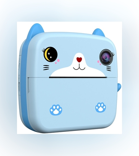 Camera Instantanee pentru Copii, Flippy, cu Functie de Printare, Camera Frontala + Selfie, Cablu USB-C, Bluetooth, Compatibil iOS/Android, Imprimare APP, Model Pisica, Albastru