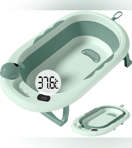 Cada de Baie, Flippy, pentru Copii 0 luni - 6 Ani, cu Termometru, Pliabila, Perna Suport Inclusa, din Plastic, 81.5 x 49 x 21.5 cm, Verde