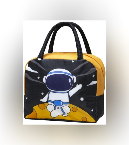 Geanta Termoizolanta pentru Copii, Flippy, 23x13x19 cm, Model Imprimeu Astronaut, din Folie de Aluminiu si Panza Oxford, Negru/Portocaliu