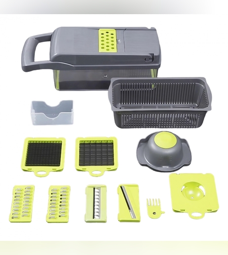 Feliator Multifunctional, Flippy, Razatoare, 8 in 1, pentru Fructe si Legume, 10 Piese, Lame de Inox, Recipient Stocare, Separator Oua, Protectie Mana, ABS, 32.2x11.3 cm, Verde/Gri
