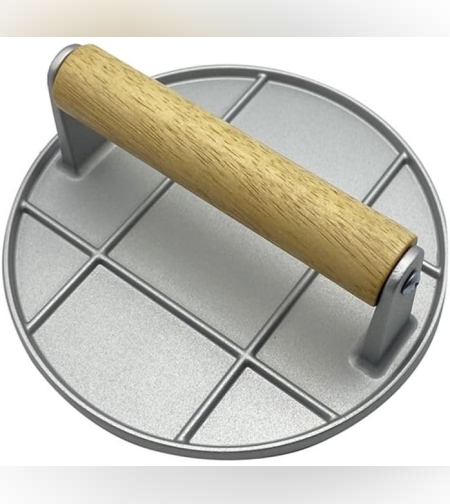 Presa Manuala pentru Carne, Flippy, din Aliaj de Aluminiu, Maner din Lemn, Presa pentru Burgeri, Usor de Curatat si Folosit, Rotunda, 16x16x6 cm, Gri
