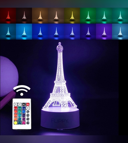Lampa LED decorativa, Flippy, 3D, Turnul Eiffel, din material acril si lumina multicolora, alb
