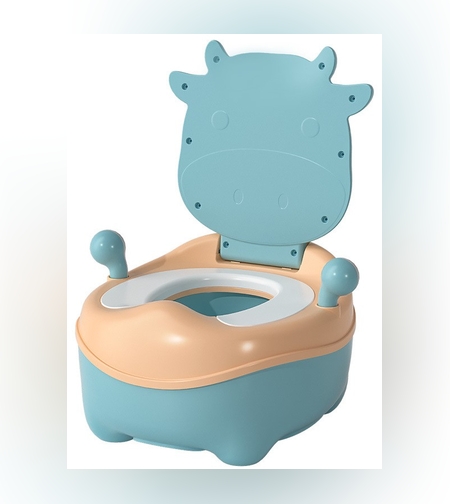 Olita pentru Copii, Flippy, +1an, Portabila, Model Vacuta, cu Capac, Prietenoasa, Non-Toxic, Compartiment Detasabil, cu Manere, cu 4 Picioare, Usor de Curatat, Albastru