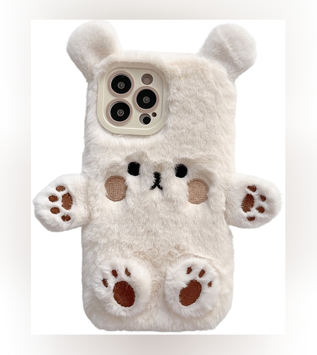 Husa de Protectie, Flippy, pentru Apple iPhone 13 Pro, Model Ursulet Pufos cu Urechi, Maini si Picioare, Antisoc, Rezistenta la Impact, Protectie Camera, Alb