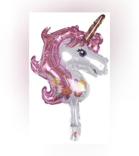 Balon din Folie Metalizata, Flippy, Figurina Unicorn, Tema Animalute, 30 cm, Ambalaj Individual, Pai Inclus, Umflare cu Aer sau Heliu, Roz