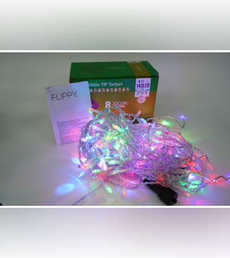 Sectiune Instalatie de Craciun Flippy® Tip Turturi, Flash 5 m, 143 LED-uri, Interconectabila, Fir Transparent, RB-RG, Atentie! nu contine alimentator