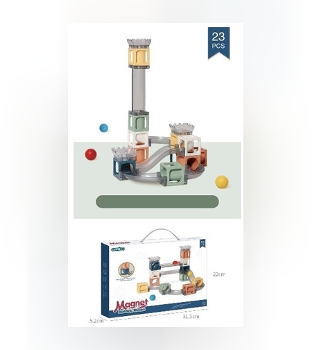 Set piese magnetice de constructie, Flippy, Cu tobogane si bile, 23 piese, Multicolor