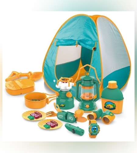 Set camping exterior/interior pentru copii, 7 accesorii cu tematica si cort, multicolor