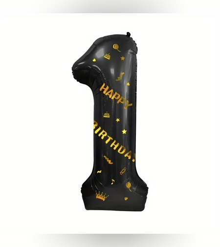 Balon din Folie Metalizata Flippy, Figurina Cifra, Scris Happy Birthday, Tema Aniversare 100 cm, Ambalaj Individual, Pai inclus, Umflare cu Aer sau Heliu, Negru, Cifra 1