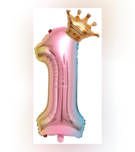 Balon din Folie Metalizata, Flippy, Figurina Cifra Gradient, Tema Aniversare 80 cm, Ambalaj Individual, Pai inclus, Umflare cu Aer sau Heliu, Coronita, Cifra 1