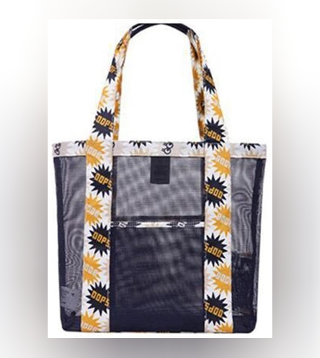 Geanta de Plaja, Flippy, din Plasa Transparenta, Imprimeu Oops, 43 x 10 x 33 cm, Model pentru Umar, Lungime Inferioara 33 cm, Negru