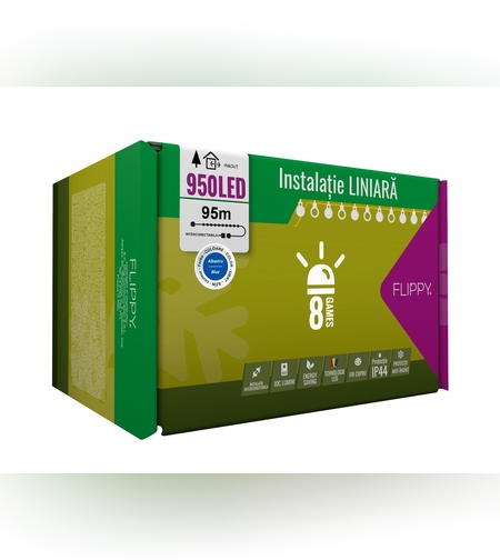 Instalatie Craciun, 95 m, 950 Led-uri ,Liniara, Albastru, 8 jocuri de lumini, Transformator, Interconectabila, Prelungitor 5 m inclus, Fir Transparent, Flippy