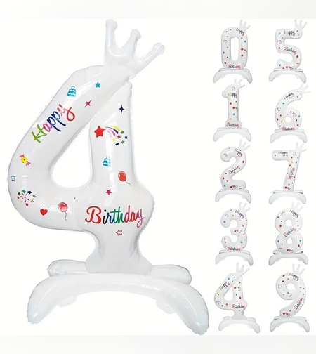 Balon din Folie Metalizata, Flippy, Figurina Cifra, Model 4 cu Happy Birthday Scris, Tema Aniversare 81 cm, Ambalaj Individual, Pai Inclus, Umflare cu Aer sau Heliu, Alb