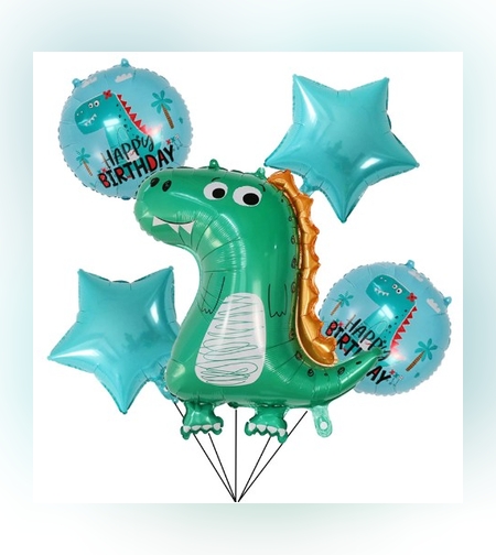 Set 5 Baloane folie de aluminiu, Flippy, Figurina Dinozaur, pentru aniversare HAPYY BIRTHDAY, Stelute Albastre si Baloane Albastre, 50 - 70 cm