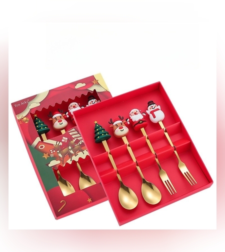 Set 4 Tacamuri, Flippy, Tema Craciun, 2 Linguri + 2 Furculite, cu Figurine, din Otel Inoxidabil, Cutie Cadou, 19 x 15 x 2.2 cm, Auriu