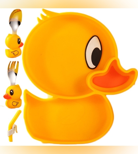 Set diversificare bebelusi Flippy, din silicon, 20 x 17.5 cm, 1 farfurie compartimentata in forma de rata, lingurita si furculita, pai, perie pai, fara alergeni, ventuza fixare,  forma creativa,  galben