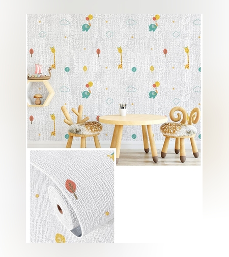 Rola Autoadeziva pentru Perete, Flippy, din Panza, 10 m, Rezistenta la Umezeala, 2.5 mm Grosime, Model Girafa si Elefant, Multicolor