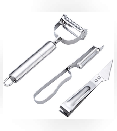 Accesorii de Curatat Decojit Fructe Legume, Flippy, Set 3 Piese, Feliator Cutit Decojitor, Legume si Fructe, din Otel Inoxidabil, cu Maner, Argintiu