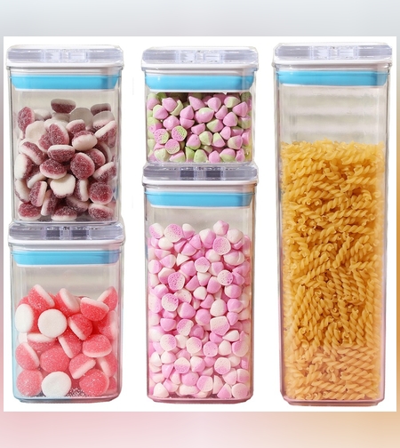 Cutii de Depozitare Alimente, Flippy, Set din 5 Cutii de tip Container, 1x0.5 l, 2x0.8 l, 1x1.2 l, 1x1.9 l, Recipiente pentru Cereale in Bucatarie,  Transparente cu Capac Albastru-Alb