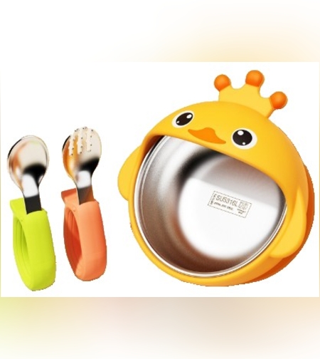 Set 3 Piese Diversificare Bebelusi si Copii, Flippy, Bol, Lingura si Furculita, Model Ratusca, din Silicon si Otel Inoxidabil, Galben