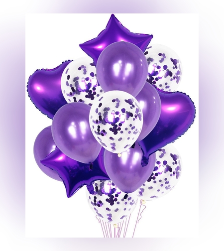 Set 14 Baloane din Folie Metalizată si din Latex, Flippy, Figurine Stea si Inima 45 cm, Baloane Latex 30 cm, Tema Buchet, Ambalaj Individual, Pai Inclus, Umflare cu Aer sau Heliu, Mov