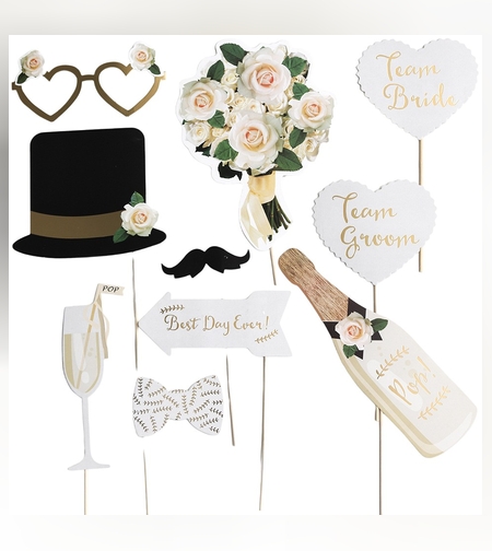 Set 10 Accesorii pentru Petrecere, Flippy, Props pentru Coltul de Poze, Model Mire si Mireasa, Tematica Nunta, Multicolor