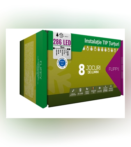 Instalatie Craciun, 10 m, 286 Led-uri ,Franjuri, Albastru, 8 jocuri de lumini, Transformator cu telecomanda, Interconectabila, Prelungitor 5 m inclus, Fir Transparent, Flippy