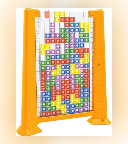 Joc de inteligenta Tetris puzzle tangram Flippy, 70 de piese multicolore, 3D, montessori, interactiv, din plastic, zar inclus, sac depozitare piese, varsta peste 6 ani, 23 x 19.8 x 5 cm, cadru galben