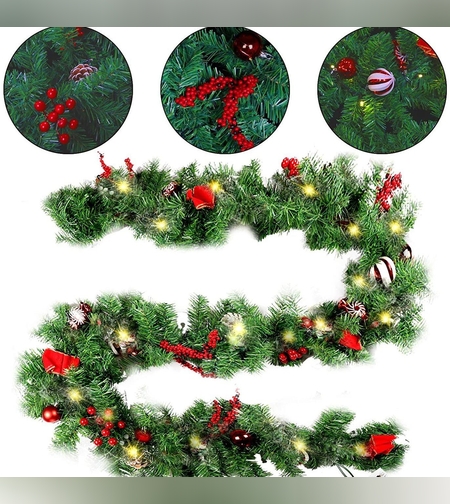 Ghirlanda de Craciun, Flippy, din Brad Artificial cu Decoratiuni, cu Baterii, 30 LED-uri, 180 cm, Verde