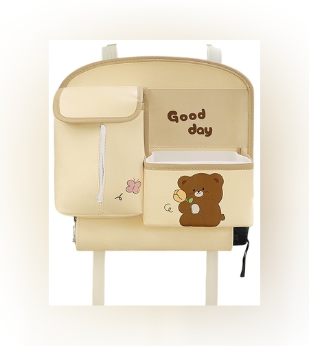 Geanta Multifunctionala de Depozitare, Flippy, pentru Bancheta din Spate a Masinii, Animat, Model Ursuleti, Scris Good Day, Suport Servetele si Telefon, 25x31 cm, Bej