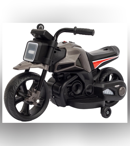 Motocicleta Electrica cu 2 Roti Mari si 2 Roti Ajutatoare, Flippy, Acumulator Incarcare, Anti-Rasturnare, Lumini, Muzica, Motor:380, Baterie 6V4.5, 41.5x70x34 cm, 4.5 Kg, 3 Ani+, Gri Negru