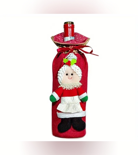 Decoratiune pentru Sticla de Vin, Flippy, Tema Craciun, Model Doamna Craciun, 14 x 29 cm, Rosu