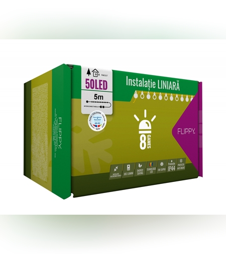 Instalatie Craciun, 5 m, 50 Led-uri ,Liniara, Rosu/Albastru/Rosu/Verde, Flash, Transformator cu telecomanda, Interconectabila, Prelungitor 5 m inclus, Fir Verde, Flippy