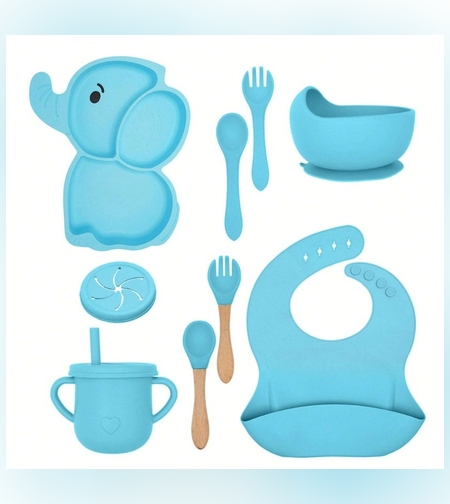 Set 10 Piese Servire Masa. Flippy, pentru Bebelusi si Copii, din Silicon/Lemn, cu Ventuze Anti-alunecare, fara Alergeni. +6 Luni, Model Elefant, Albastru