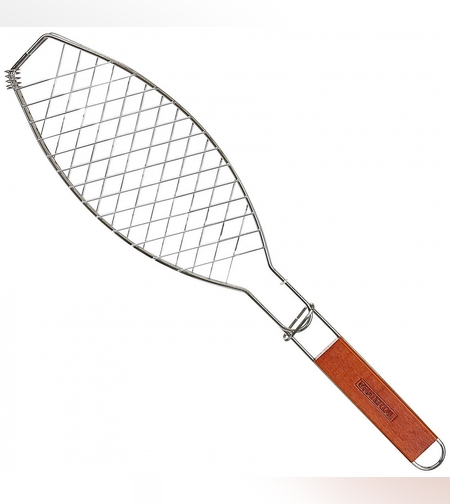 Gratar Grill Inox pentru Peste, Flippy, cu Maner, de Dimensiuni Reduse, Usor de Transportat si Depozitat, Argintiu, 56x12 cm