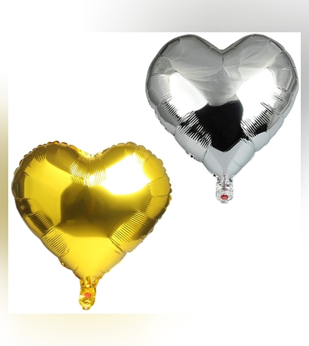 Set 2 Baloane din Folie Metalizata, Flippy, Model Inimi, Tema Ziua Indragostitilor, 45 cm, Ambalaj Individual, Pai Inclus, Umflare cu Aer sau Heliu, Argintiu/Auriu