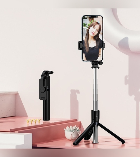 Trepied foto telescopic premium profesional Flippy Z14S , cadru multifunctional, telecomanda detasabila, pentru telefon/camera foto/gopro, functie selfie stick, ajustabil, pliabil, H33-140 cm, aluminiu, Negru