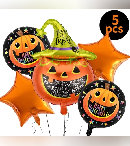 Set 5 Baloane din Folie Metalizata, Flippy, Figurine, Tema Halloween, Pai Inclus, Ambalaj Individual, Umflare cu Aer sau Heliu, Figurina Dovleac 54x87 cm, Stelute si Cerculete 45 cm, Multicolor