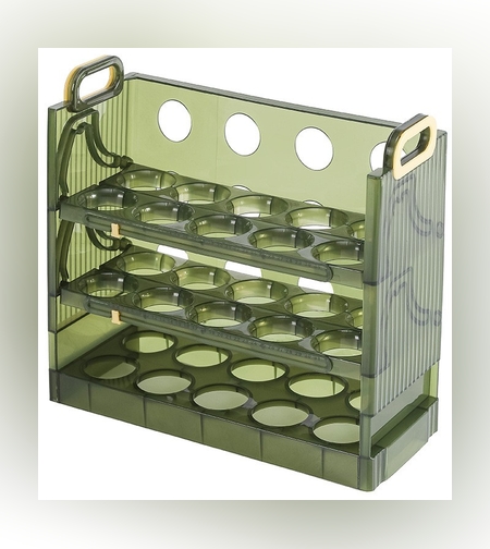 Suport Organizator pentru Oua, Flippy, pentru Frigider, Verde transparent, Capacitate 30 oua, Trei straturi, cu Data de Expirare, 25.5x10x23 cm