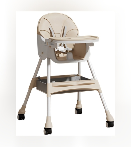 Scaun de Masa pentru Bebelusi si Copii, Flippy, cu Roti, Telescopic, Pliabil, Masuta Reglabila, Suport Picioare, Scaun cu Invelis Piele Artificiala, Centura Siguranta, Spatiu Depozitare, 97x73x65 cm, Bej