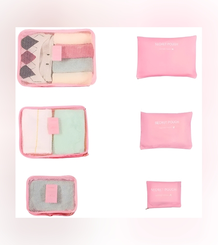 Set 6 Genți de Calatorie, Flippy, pentru Depozitare, Impermeabile, Organizator, Multifuncționale, Design cu Plasa, Pliabile, Fermoar, Dimensiuni Diferite, Roz