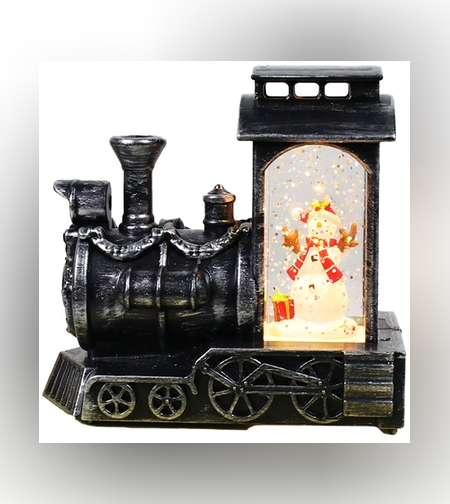 Decoratiune de Craciun tip Locomotiva, Flippy, Glob de Cristal cu Fulgi de Zapada, Model Om de Zapada, Iluminare LED, 11.5 x 12.5 x 6 cm, Carcasa Vintage Bronze, Transparent