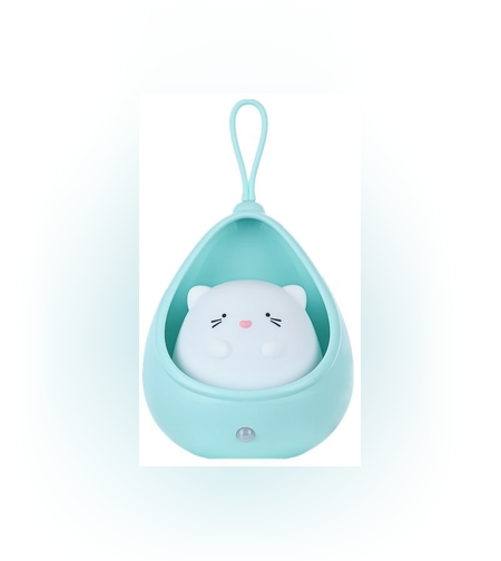 Lampa de veghe portabila cu 2 moduri de functionare Flippy, silicon non-toxic, reincarcabila USB, senzor miscare, albastru, pisicuta